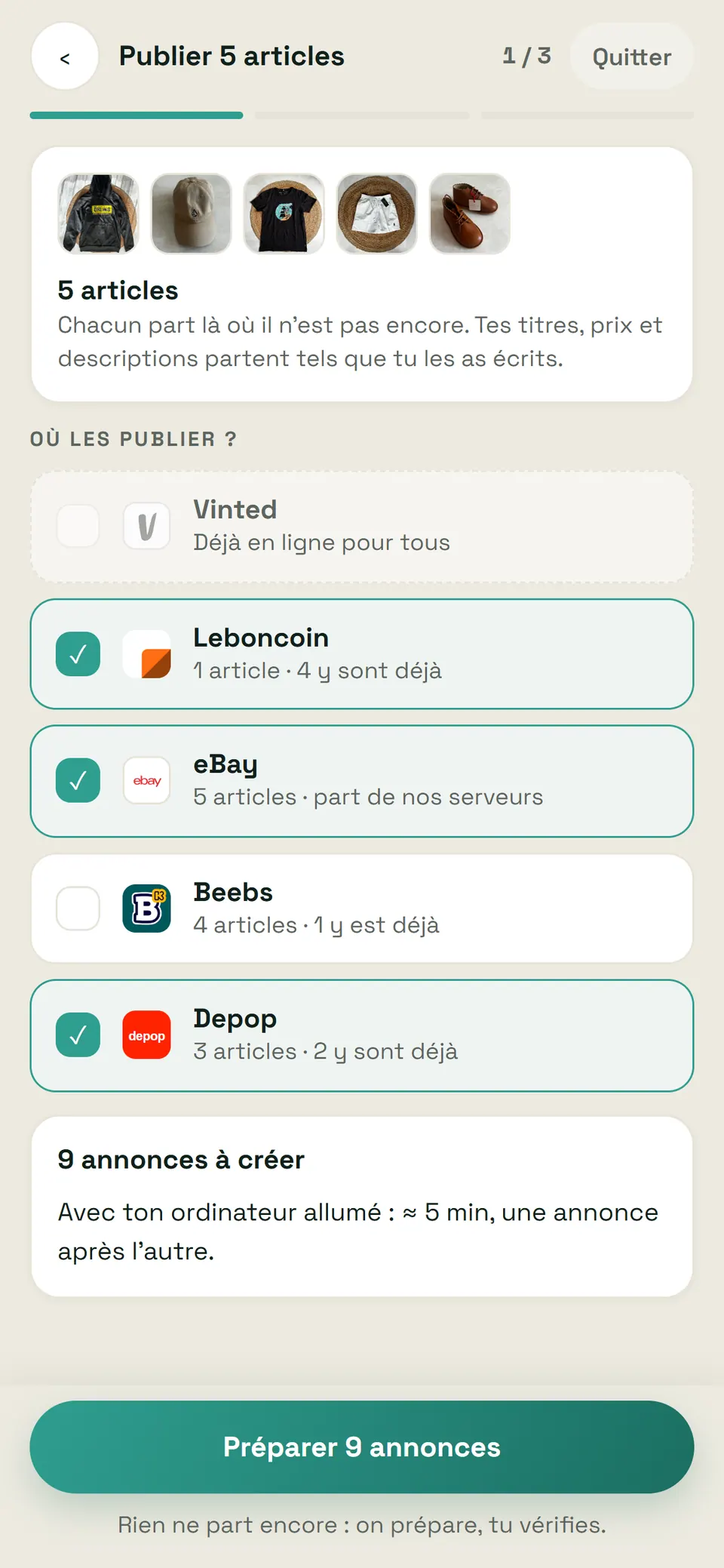 Publication en lot dans FillSell, étape 1 sur 3 : cinq articles choisis dans le stock (sweat Öhlins, casquette Volcom, t-shirt Picture, short Polo Ralph Lauren, bottines Cyrillus), « Chacun part là où il n'est pas encore ». Vinted est grisée (« Déjà en ligne pour tous »), Leboncoin, eBay et Depop sont cochées avec, pour chacune, le nombre d'articles à publier et ceux qui y sont déjà, Beebs reste décochée ; « 9 annonces à créer », « Avec ton ordinateur allumé : ≈ 5 min, une annonce après l'autre ».