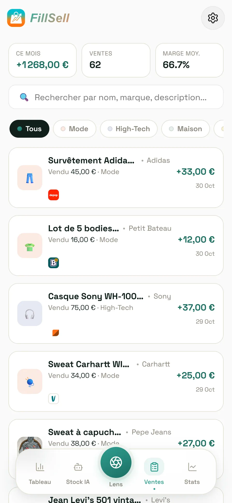 L'onglet Ventes de FillSell : en haut, le bénéfice du mois (+1 268 €), le nombre de ventes (62) et la marge moyenne (66,7 %) ; dessous, les dernières ventes avec, pour chacune, le titre, la marque, le prix de vente, l'icône de la plateforme où elle s'est faite (Depop, Beebs, Leboncoin, Vinted…), la date et la marge — par exemple un survêtement Adidas vendu 45 € sur Depop, +33 €.